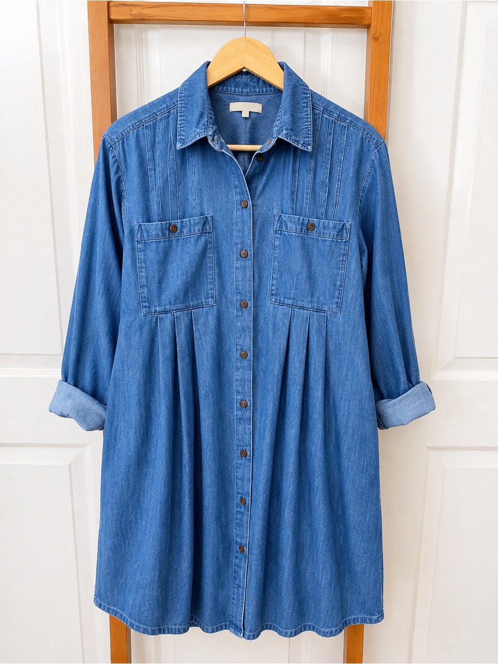 LOFT Chambray Denim Babydoll Button Front Shirt Dress Pockets Size S